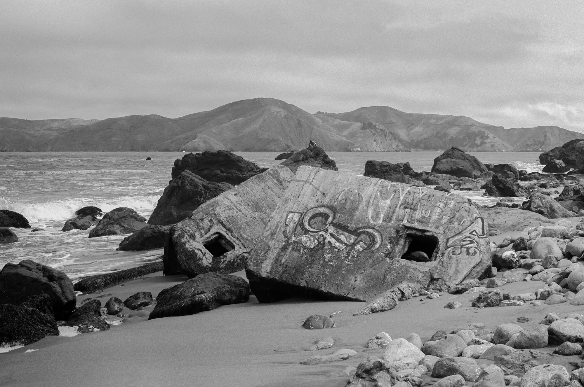 The remains of a structure on a San Francisco beach.