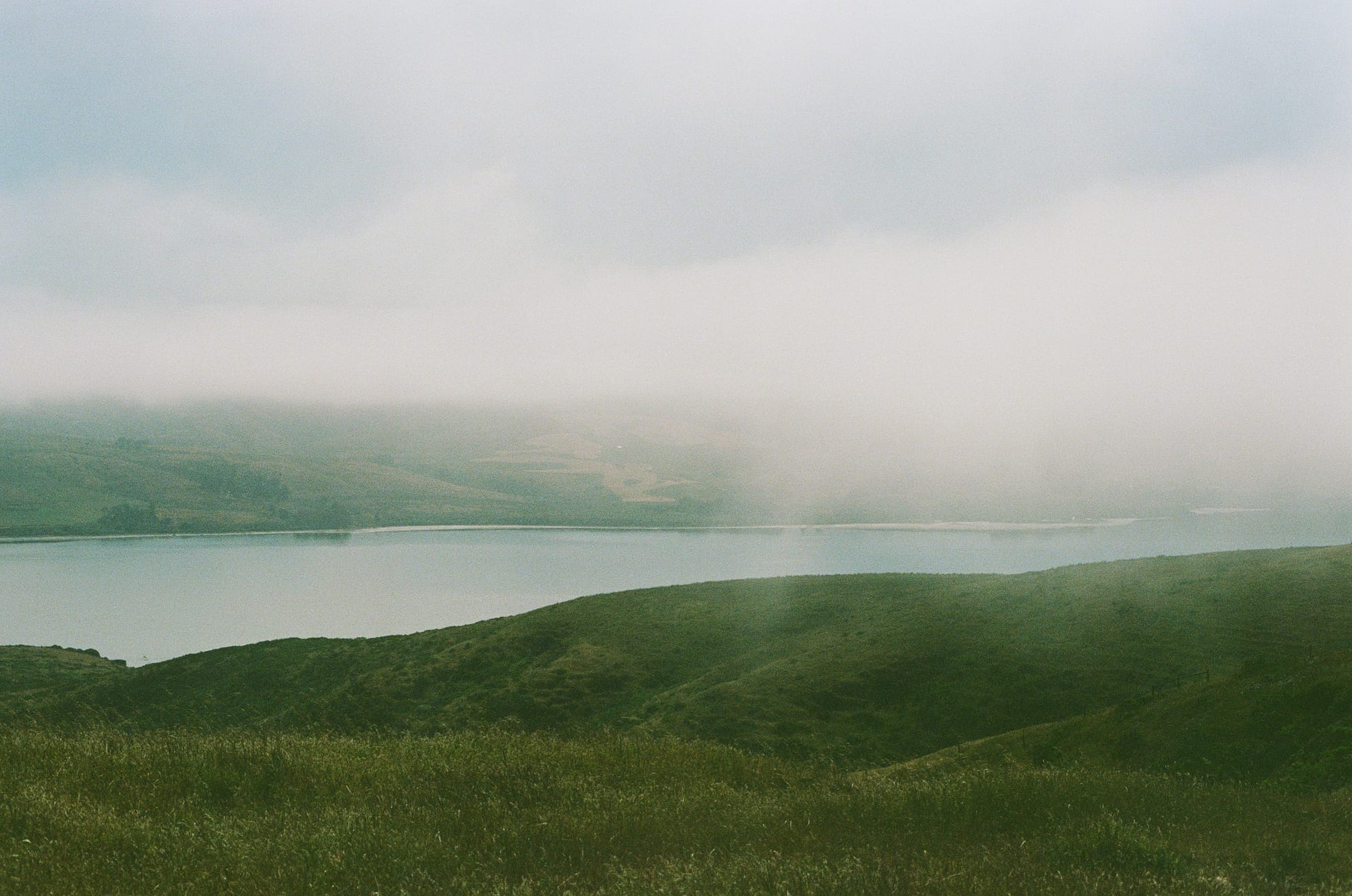 A body of water in the Bay Area on a foggy day.